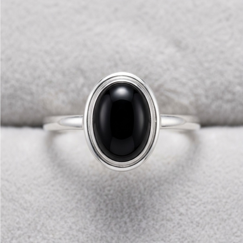 Genuine Black Onyx Solitaire Ring - Minimalist Sterling Silver Oval Cabochon
